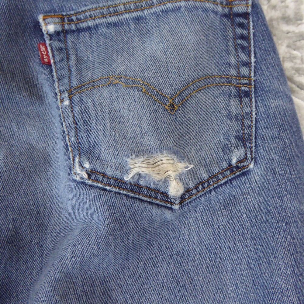 Levis 505 Jeans Mens 33x30 Blue Solid Denim Straight Distressed Workwear Adult - Picture 9 of 16